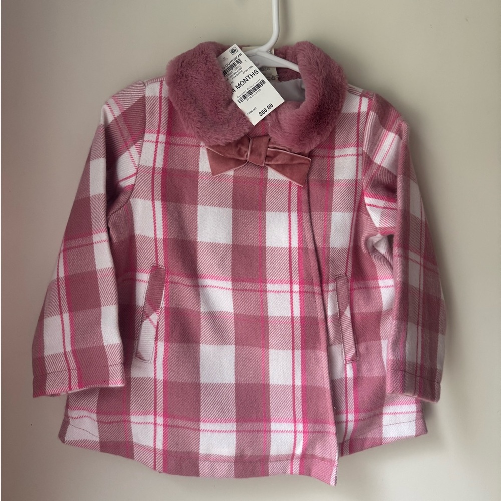 First Impressions Pink Plaid Pea Coat with Faux Fur Collar